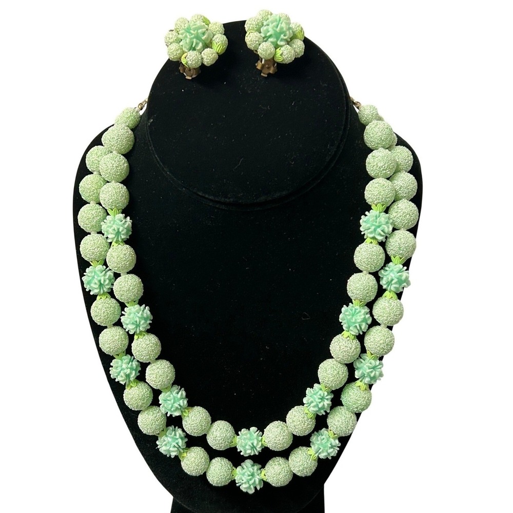 Vintage Japan Sugar Bead 2-Strand Necklace‎ Earring Set Mint Green Floral MCM